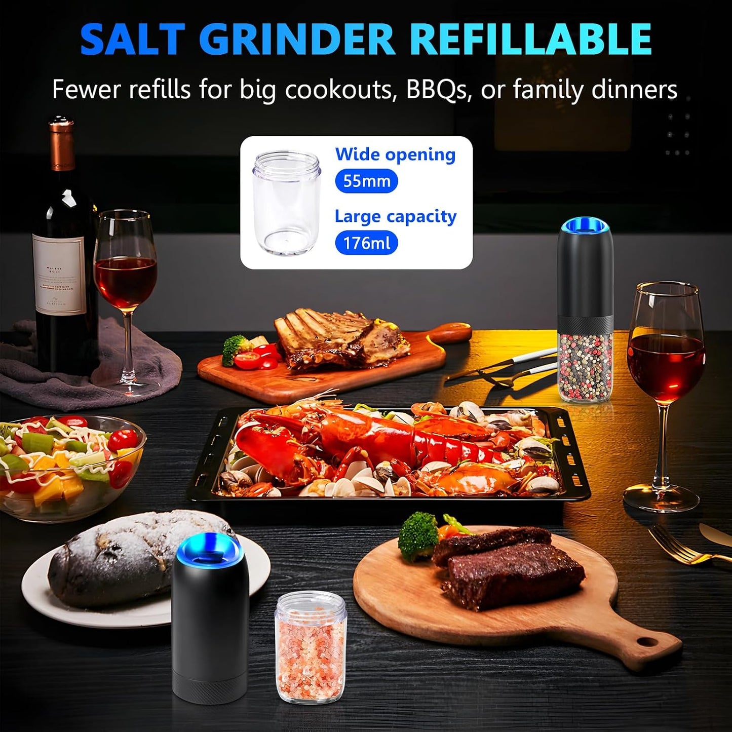 Gravity Electric Salt and Pepper Grinder, Battery Salt and Pepper Grinder Set,One-Hand Ceramic Larger Chamber Automatic Spice Mill,Adjustable Coarseness with LED Light for Kitchen New Home Gifts