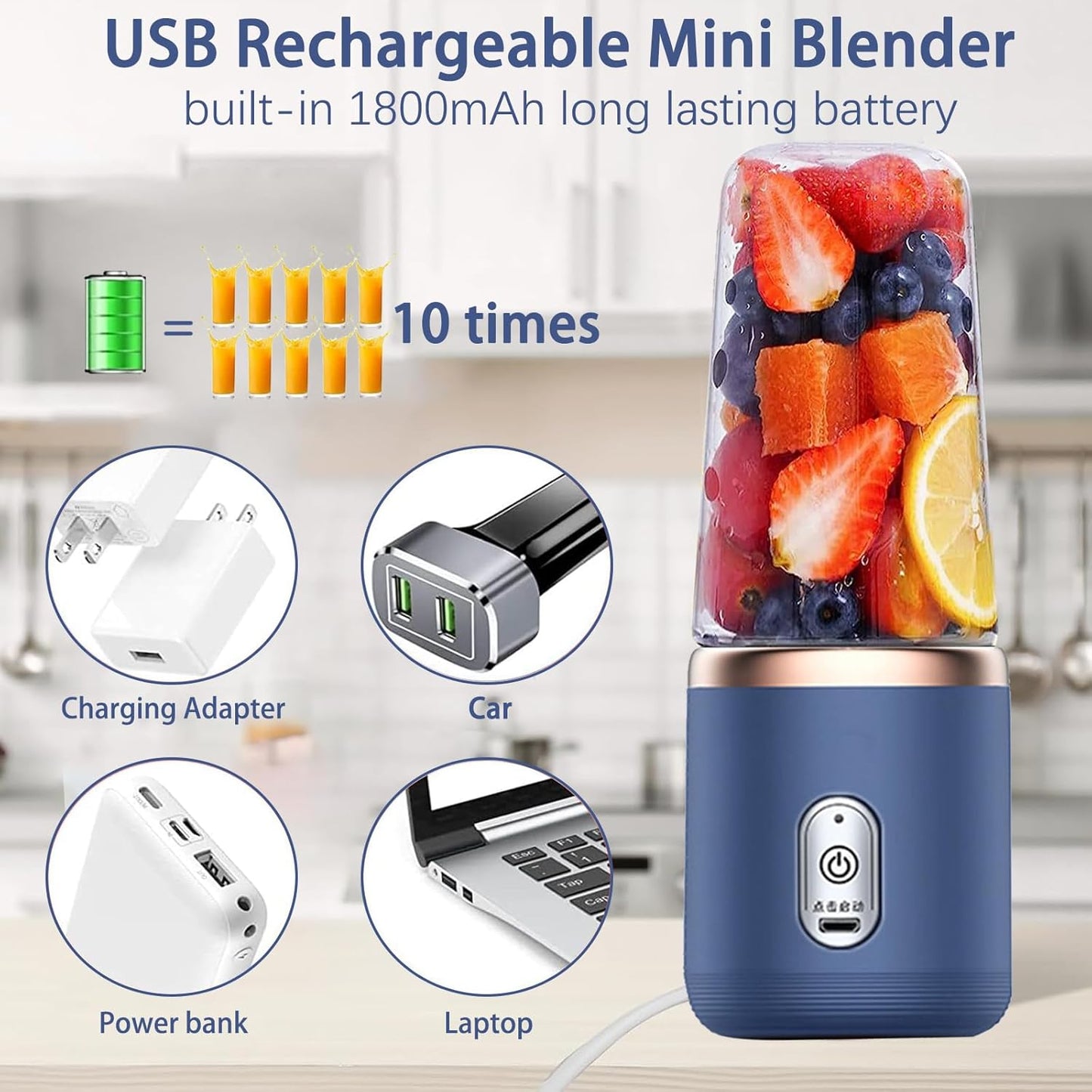 Portable Blender, Personal Blenders for Shakes and Smoothies, 400ML USB Rchargeable Fruit Veggie Juicer Cup with 6 Blades and Travel Lid, Blender for Travel Gym Kitchen