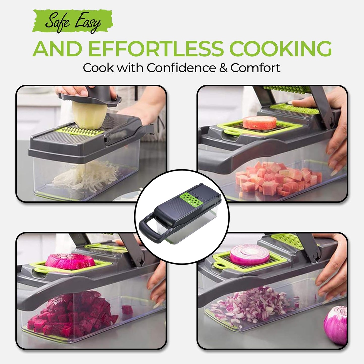 Vegetable Chopper - 14 in 1 Multifunctional Food Chopper with Container - Vegetable Cutter with Container for Salad - Kitchen Gadgets & Essential Kitchen Tool Set for Onion, Potato, Fruits & Veggies