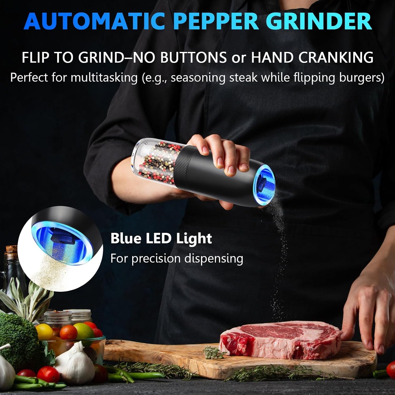 Gravity Electric Salt and Pepper Grinder, Battery Salt and Pepper Grinder Set,One-Hand Ceramic Larger Chamber Automatic Spice Mill,Adjustable Coarseness with LED Light for Kitchen New Home Gifts