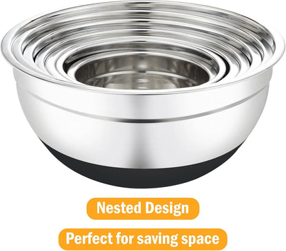16 Pieces Mixing Bowls with Lids Set, 3 Grater Attachments, Non-Slip Silicone Base Stainless Steel Mixing Bowl Set, Sizes 4.5, 4, 3.5, 2.1, 1.5, 1.1, 0.7 Qt for Kitchen, Black