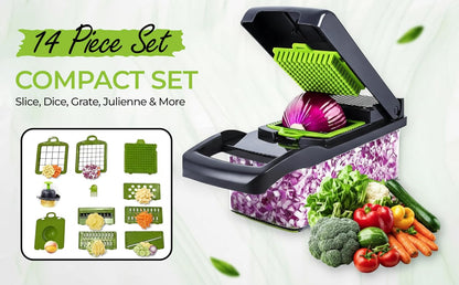 Vegetable Chopper - 14 in 1 Multifunctional Food Chopper with Container - Vegetable Cutter with Container for Salad - Kitchen Gadgets & Essential Kitchen Tool Set for Onion, Potato, Fruits & Veggies