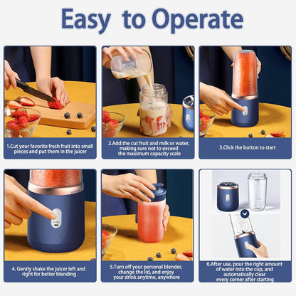 Portable Blender, Personal Blenders for Shakes and Smoothies, 400ML USB Rchargeable Fruit Veggie Juicer Cup with 6 Blades and Travel Lid, Blender for Travel Gym Kitchen