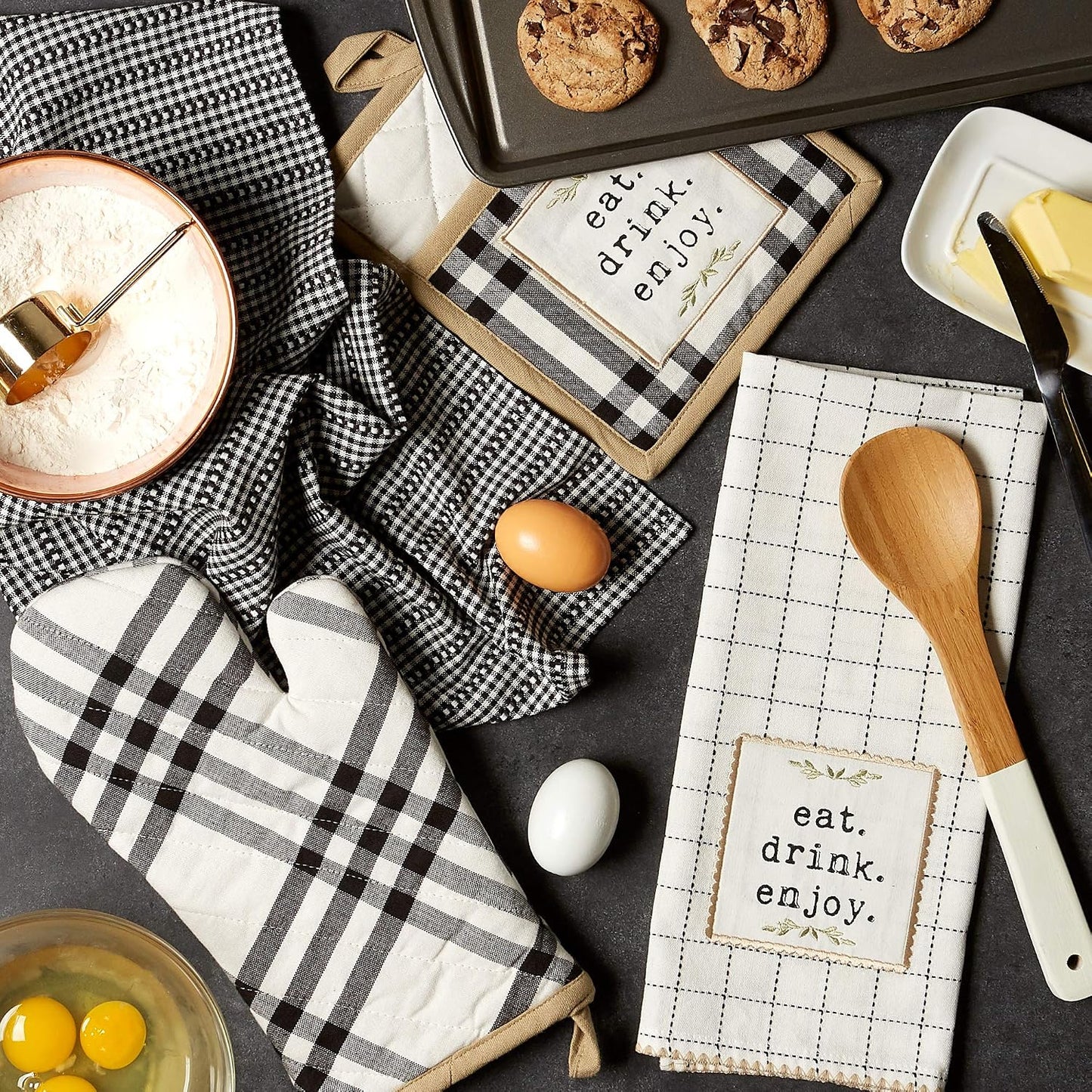 Home Sweet Farmhouse Kitchen Collection, Potholder/Oven Mitt/Dishtowel Set, Black, 4 Count