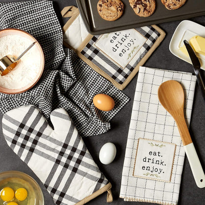 Home Sweet Farmhouse Kitchen Collection, Potholder/Oven Mitt/Dishtowel Set, Black, 4 Count