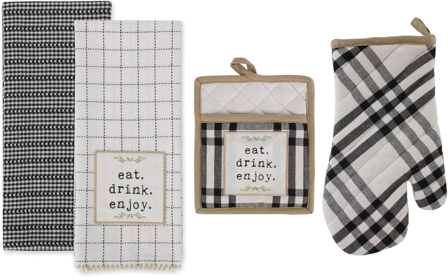 Home Sweet Farmhouse Kitchen Collection, Potholder/Oven Mitt/Dishtowel Set, Black, 4 Count