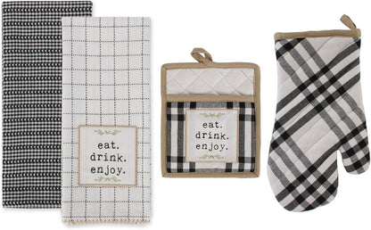 Home Sweet Farmhouse Kitchen Collection, Potholder/Oven Mitt/Dishtowel Set, Black, 4 Count