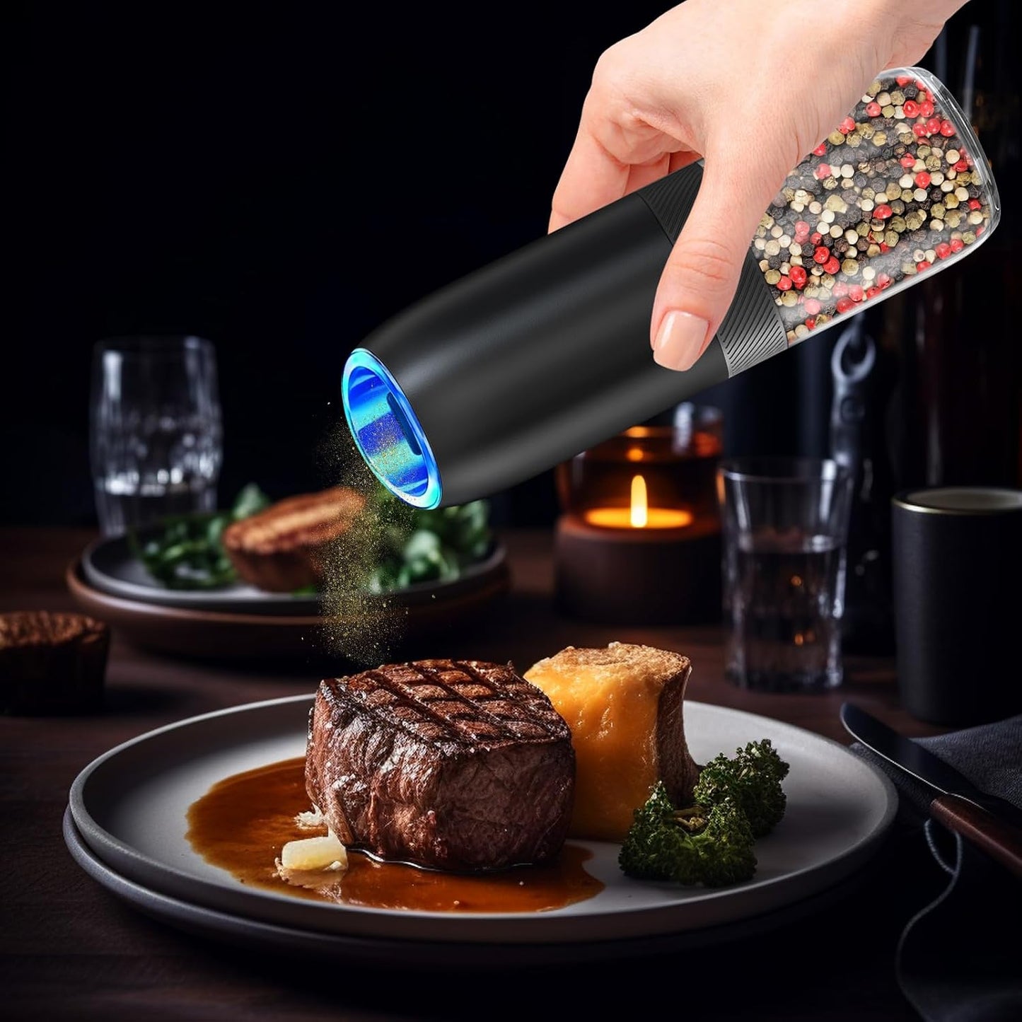 Gravity Electric Salt and Pepper Grinder, Battery Salt and Pepper Grinder Set,One-Hand Ceramic Larger Chamber Automatic Spice Mill,Adjustable Coarseness with LED Light for Kitchen New Home Gifts