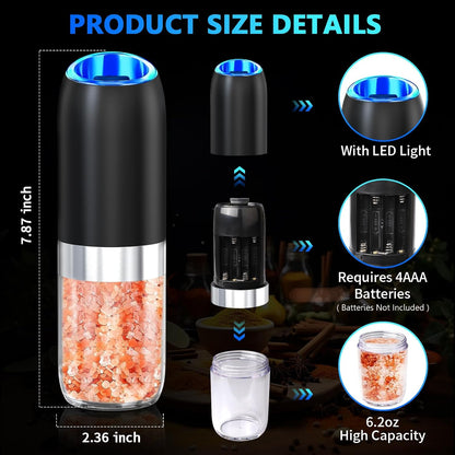 Gravity Electric Salt and Pepper Grinder, Battery Salt and Pepper Grinder Set,One-Hand Ceramic Larger Chamber Automatic Spice Mill,Adjustable Coarseness with LED Light for Kitchen New Home Gifts