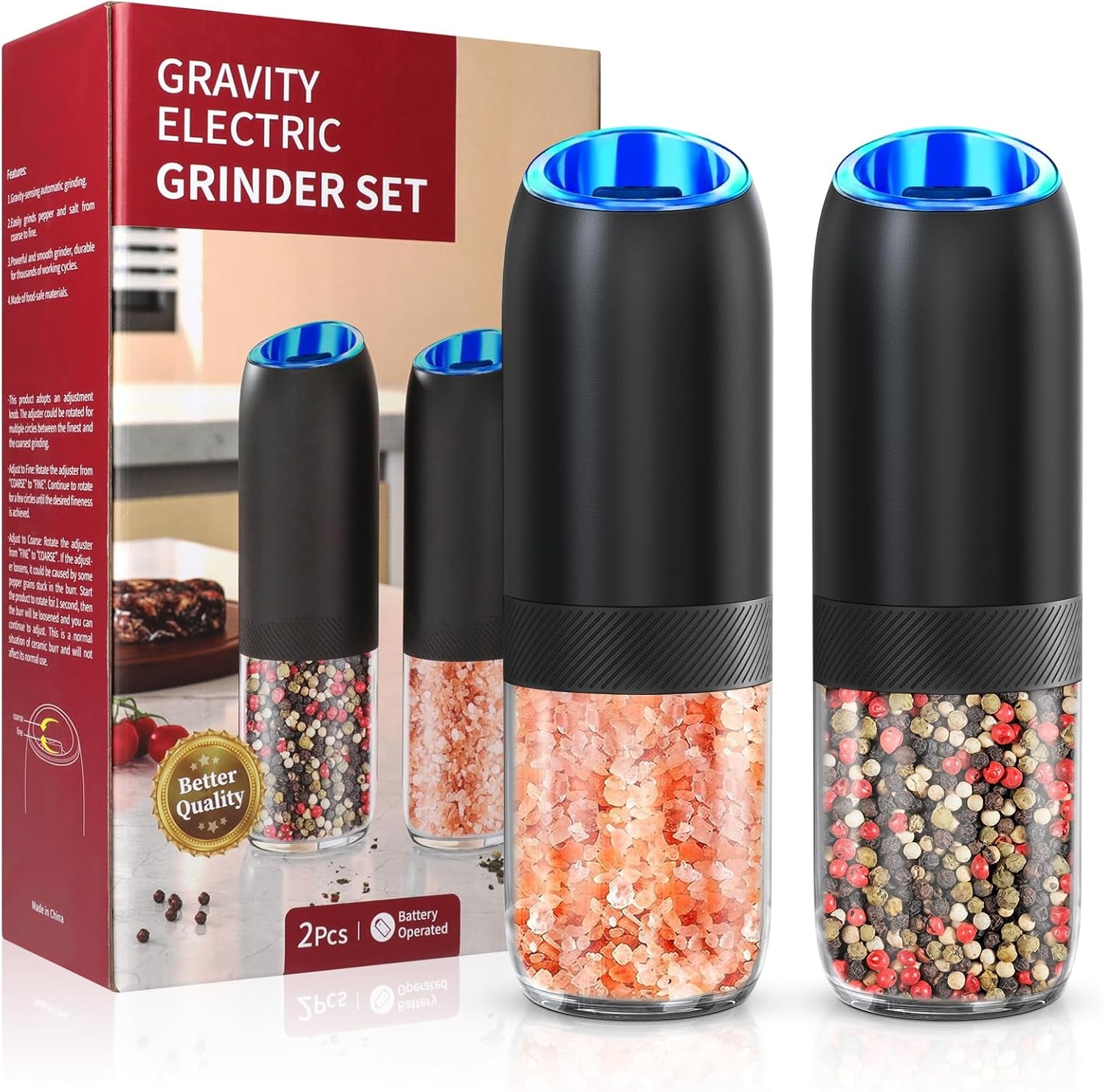 Gravity Electric Salt and Pepper Grinder, Battery Salt and Pepper Grinder Set,One-Hand Ceramic Larger Chamber Automatic Spice Mill,Adjustable Coarseness with LED Light for Kitchen New Home Gifts