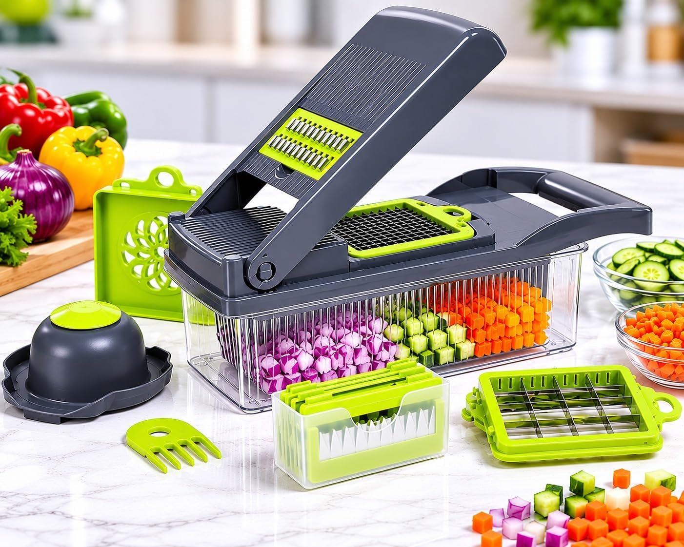 Vegetable Chopper - 14 in 1 Multifunctional Food Chopper with Container - Vegetable Cutter with Container for Salad - Kitchen Gadgets & Essential Kitchen Tool Set for Onion, Potato, Fruits & Veggies