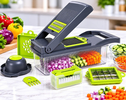 Vegetable Chopper - 14 in 1 Multifunctional Food Chopper with Container - Vegetable Cutter with Container for Salad - Kitchen Gadgets & Essential Kitchen Tool Set for Onion, Potato, Fruits & Veggies